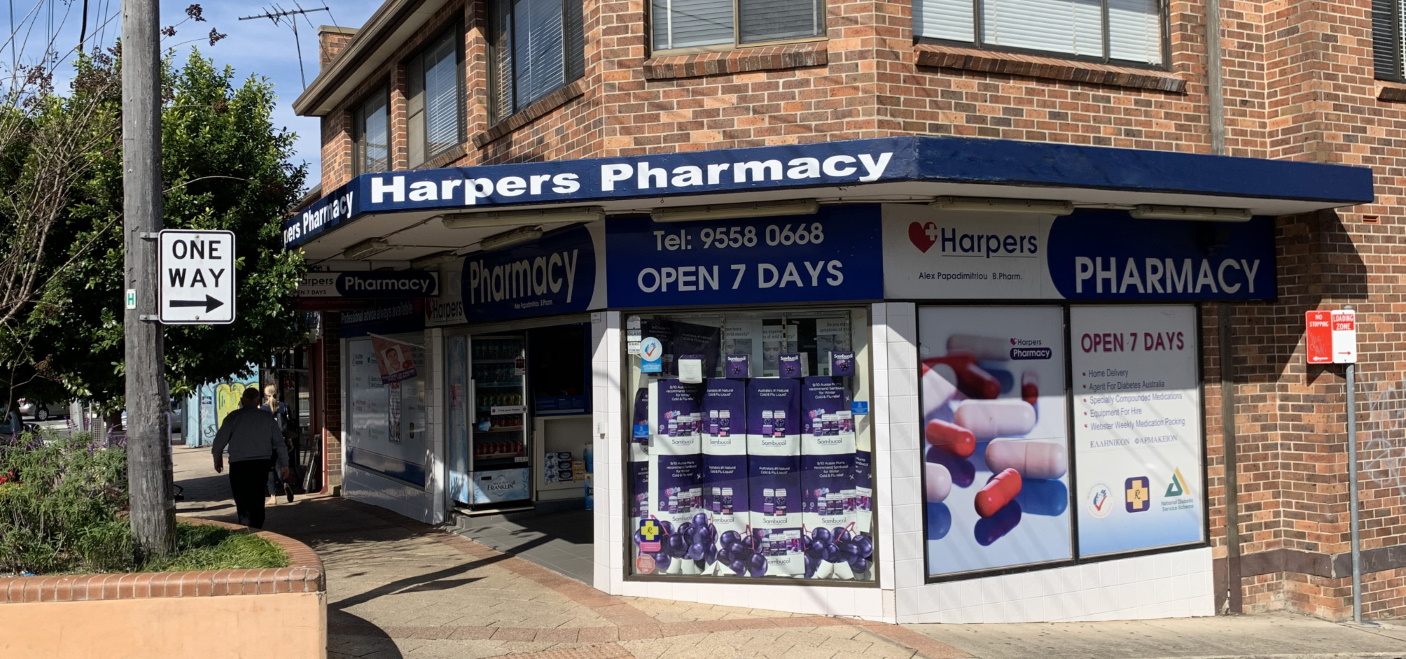 Harpers Pharmacy Earlwood shopfront on Clarke Street Earlwood.