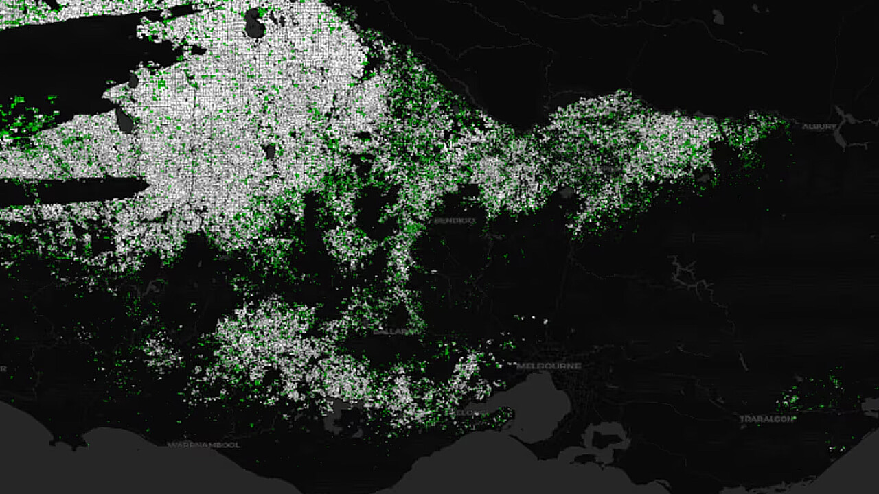 Black and white DAS platform map image of Victoria, with green highlighted crop areas