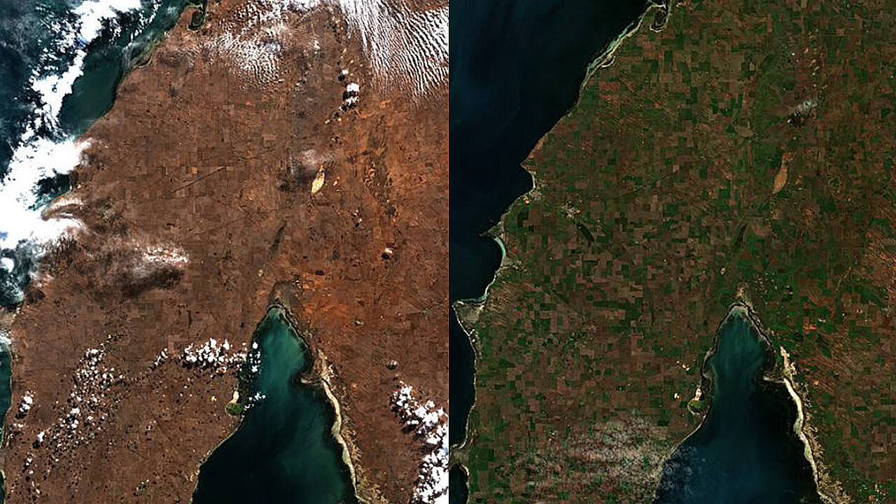 An image of SA’s Upper Yorke Peninsula and Mid and Upper North taken June 2025, with the same region captured on June 2026